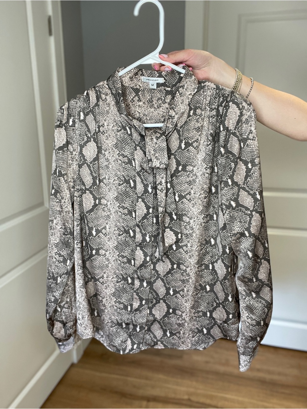 Stella & Dot Taupe and Brown Snake-Print Tie-Neck Blouse - Picture 2 of 16